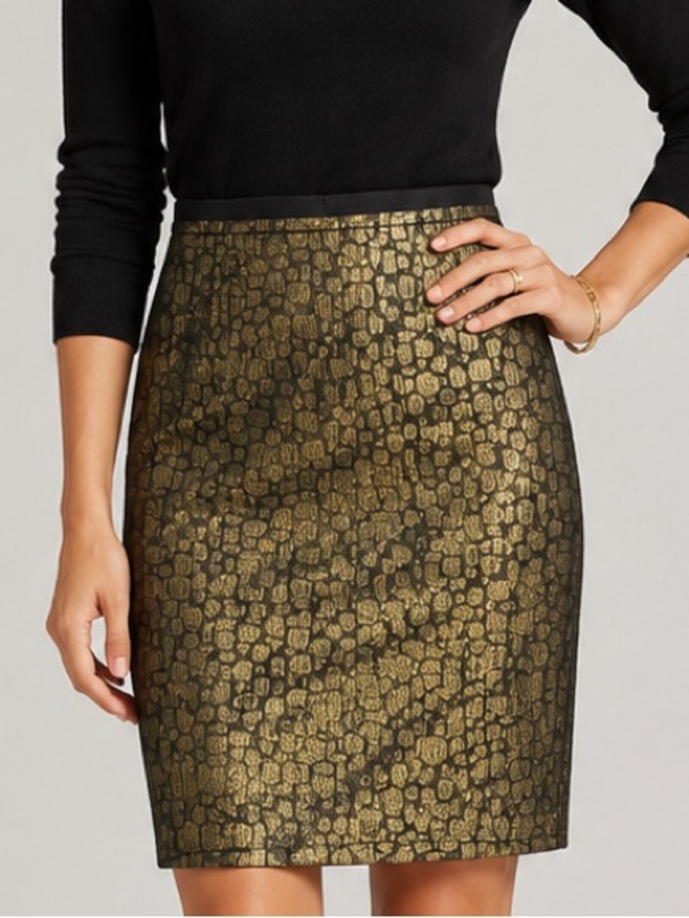 LOFT Gold and Black Jacquard Pencil Skirt